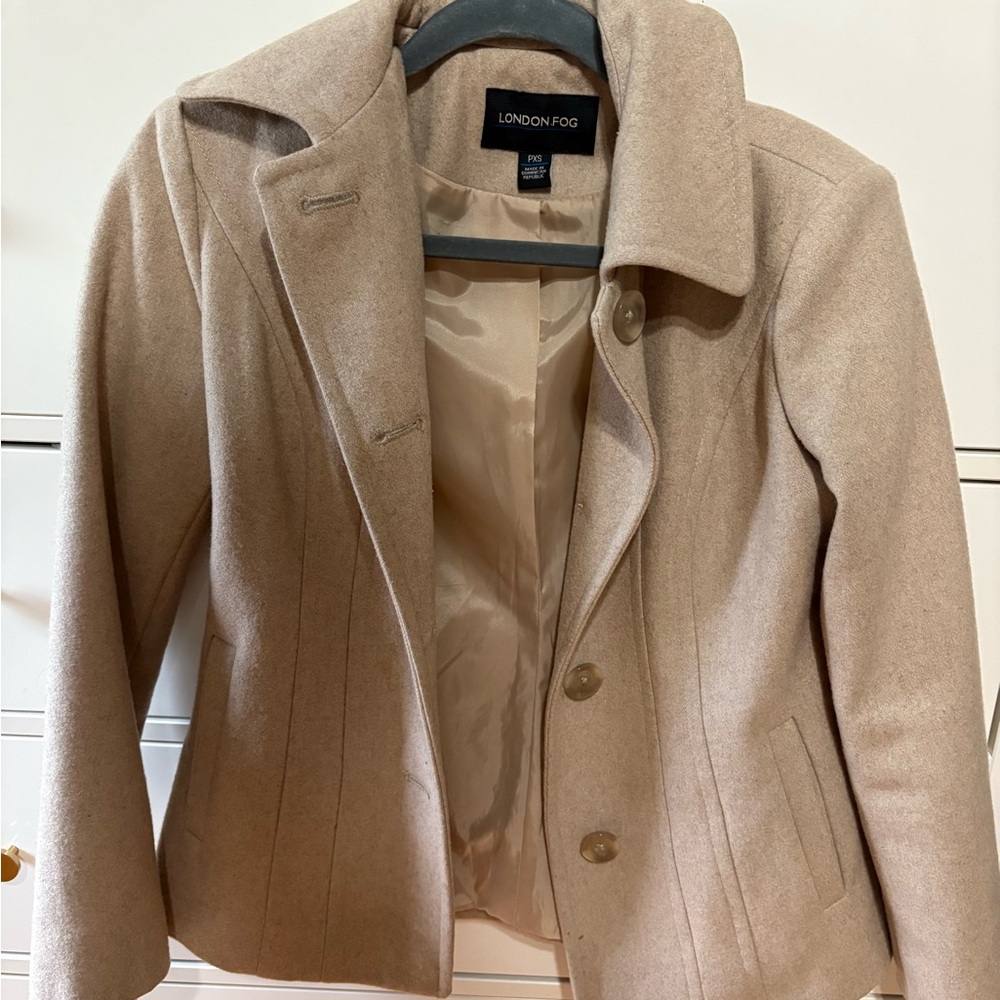 London Fog Tan Wool-Blend blazer style coat.